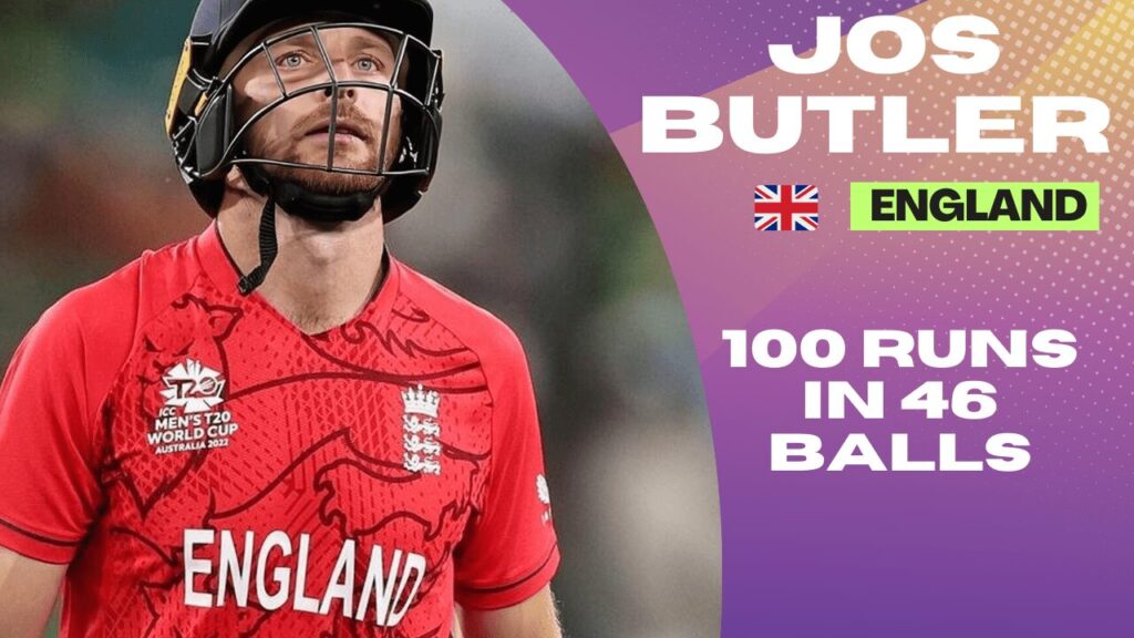 Jos Buttler's Fastest Century in 46 Balls | England Jos Buttler raises his bat after reaching a fastest century in 46 balls for England