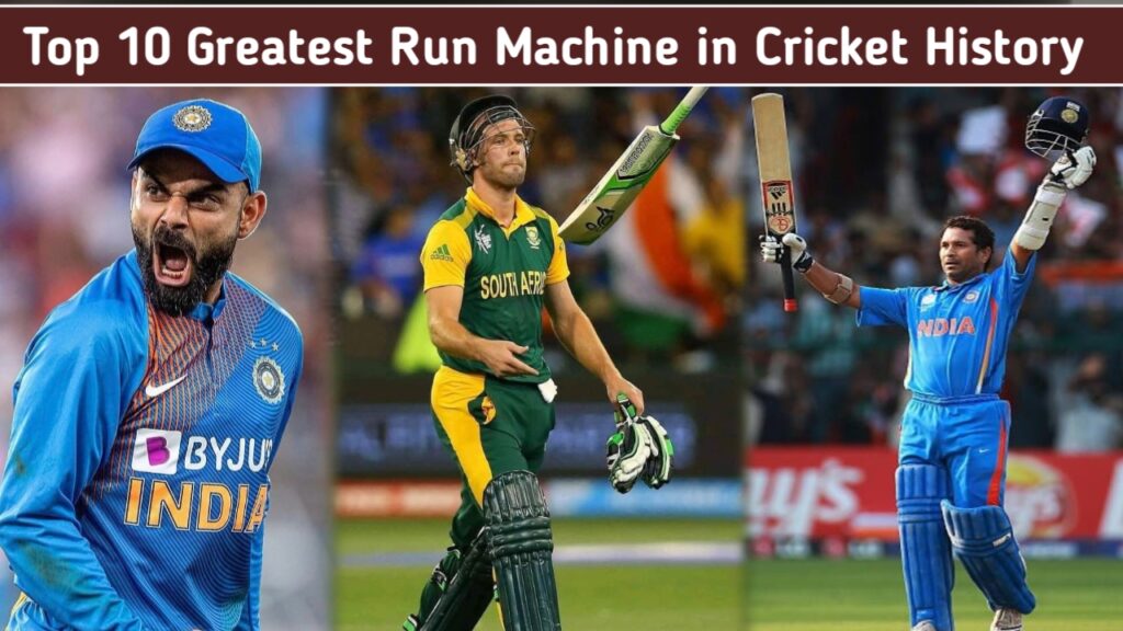 Infographic of the Top 10 Greatest Run Machines in cricket, featuring Sachin Tendulkar, Virat Kohli, and other legends.