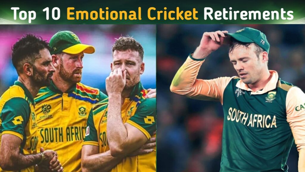 A group of emotional South African cricketers, including AB de Villiers, seen wiping tears and comforting each other during a heartfelt retirement moment. The image reflects the pain and respect felt during a major Cricket Retirement.