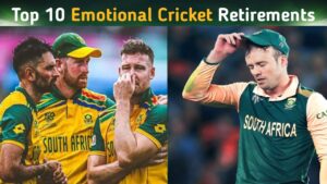 A group of emotional South African cricketers, including AB de Villiers, seen wiping tears and comforting each other during a heartfelt retirement moment. The image reflects the pain and respect felt during a major Cricket Retirement.