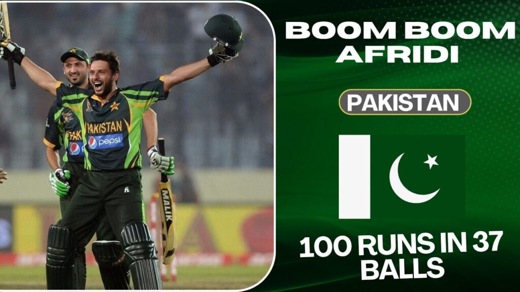Boom Boom Afridi – 100 Runs in 37 Balls Shahid Afridi celebrating a blistering century in 37 balls for Pakistan with arms raised and crowd cheering behind him.